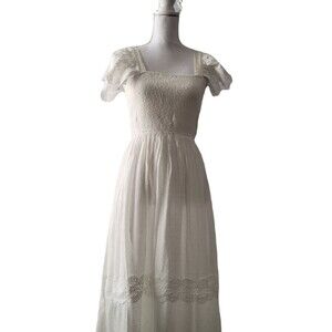 Simplee Shirred Cream Flutter Sleeve Ruffle Trim Eyelet Embroidered Dress Sz S